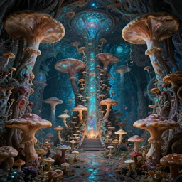 hyper - realistic polyphonic symphony of fungal bio - communications inside a surreal 3 d fractal temple made up of organic fungal mushroom and mycelium, bioluminescent surfaces, inspired by benoit mandelbrot, james jean & agostino arrivabene
