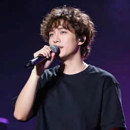 a male singer on a stage with curly brown hair and blue eyes, a hologram concert by yasutomo oka and krenz cushart, featured on pixiv, holography, seapunk, anime, glowing lights. vocaloid. hyper realistic. photograph.