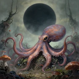 highly detailed illustration of a nausicaa alien cephalopod in a world overgrown with fungus and spores, diffuse lighting, fog, stunning atmosphere, religious imagery, huge gargantuan black sun, muted colors, by roger dean, kilian eng. mœbius