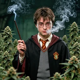 harry potter holding a joint as his wand and smoking weed and surrounded by green dense weed kush plants, smoke in front, smoke behind, smoke background, red eyes, smoking weed, hyper detailed, cinematic lighting, studio quality, smooth render,