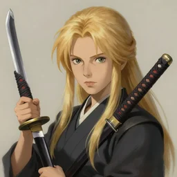 woman blond portrait with katana, art by studio ghibli and greg rutkowski and artgerm and ilya kuvshinov, portrait, d & d, fantasy, highly detailed, digital painting, headshot, trending on artstation, concept art, sharp focus, illustration 8 k render