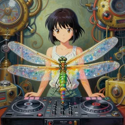 surreal gouache painting, by yoshitaka amano, by ruan jia, by Conrad roset, by good smile company, detailed anime 3d render of a Colorful Giant dragonfly sitting on a DJ mixer, portrait, cgsociety, artstation, rococo mechanical and electronic, dieselpunk atmosphere