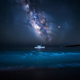 8 k, photo realistic, meteor shower, night, seascape, boat, bioluminescence, beach, hyper realism, nebula universe