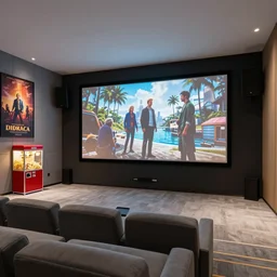 a modern home movie theater, sleek, comfortable, stylish decor, popcorn machine, movie posters, designed by kelly wearstler, detailed rough color pencil sketch illustration
