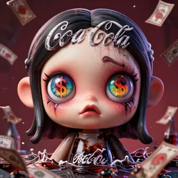 3 d render of the coke logo personified as a soda themed girl, large creepy eyes, extremely detailed and colorful eyes, soda themed girl, hyper detailed eyes, money sign pupils, tim burton, scratchy lines, junji ito, gorrilaz, her forehead has the coke logo carved into it, dollar sign pupils, extremely uncomfortable, money everywhere, cash falling, coke flood, blender 3 d, unreal engine