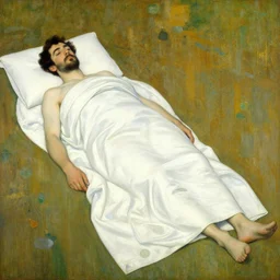 a man laying in the sun, full body, wrapped in sheets, Gustav Klimt painting