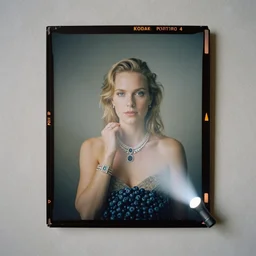 kodak portra 4 0 0, wetplate, flashlight, 8 5 mm carl zeiss, blueberry, award - winning colour portrait by britt marling : a luxury jewelry, quadratic quadratic picture frames, haze, wallpaper, fog, no people