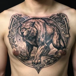 chest tattoo of a sabretooth, deep focus, d & d, fantasy, intricate, elegant, highly detailed, digital painting, artstation, concept art, matte, sharp focus, illustration, hearthstone, art by artgerm and greg rutkowski and alphonse mucha