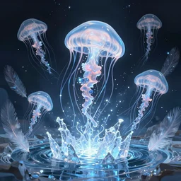 intricate, fountain. centered, amazing composition by amano yoshitaka, by rembrandt, illustrious makinami, digital art, digital painting, artstation trending, unreal engine, fractal flame, transparent jellyfish, transparent feathers, bio luminescent, ice, water, leds