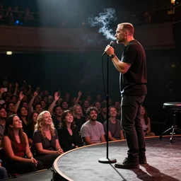 bladerunner scene where deckard does standup comedy on a stage, the crowd loves him, he's killing it, he's smoking