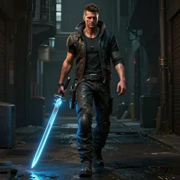 a detailed full bodied 3 d render of an extremely handsome jensen ackles as the terminator walking down a dark alley in cyberpunk 2 0 7 7, holding a glowing electrified katana, volumetric lighting, octane render, 8 k, art by greg rutkowski and albert bierstadt and alphones mucha