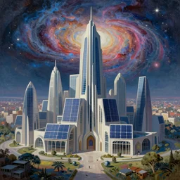 solar punk city, modern architecture, city color scheme, geometry will draw the soul toward the truth and create the spirit of philosophy, galactic nebula, surrealist oil painting