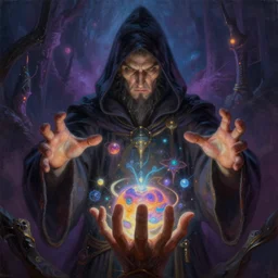 an epic painting of the wizard in the hood, making hand passes to create new worlds, dark, mystic, neon lights, oil on canvas, perfect composition, golden ratio, beautiful detailed, photorealistic, digital painting, concept art, smooth, sharp focus, illustration, fantasy background, artstation trending, octane render, unreal engine