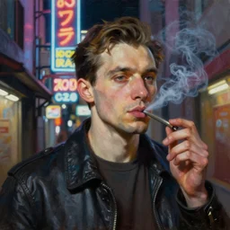 realistic portrait painting of man smoking in a neon sign lit tokyo alley at night in the style of soviet realism