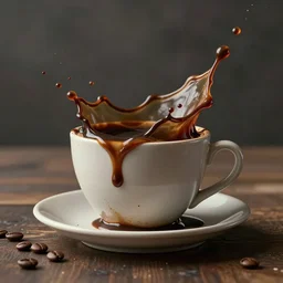 : sloppy old  cup of coffee with fluid flyingout the cup  unrealengine ,cinematic, hyper realism, high detail, octane render, 8k