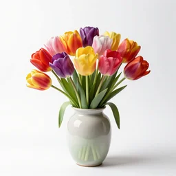colorful tulips in vase, high detail photograph, full body, isolated on a pure white background, centered, entire subject in frame, sharp focus, soft studio lighting