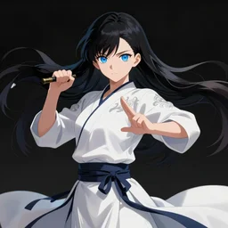 anime character portrait of a female martial artist!! long black hair! blue eyes! dynamic pose!! elegant, intricate outfit, fine details by stanley artgerm lau, wlop, rossdraws, james jean, andrei riabovitchev, marc simonetti, and sakimichan, trembling on artstation