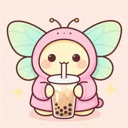 Cute moth wearing a hoodie and drinking boba tea, pastel colors, lighthearted, adorable, digital art