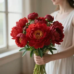 atmospheric beautiful bouquet of red delicate peony in the sunny room of his beloved wife, wrote renaissance michelangelo