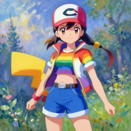 a portrait of a female pokemon trainer, rainbow outfit, very anime in impressionist style, anime trending artwork, anime painter studio, by claude monet