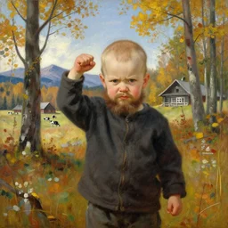 teemu pukki painted by akseli gallen - kallela. 3 0 year old bald with beard. shakes his fist defiantly. sunny autumn forest. in the background you can see small mountains and the livestock of the house