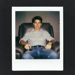 Polaroid of Tom Cruise sitting in recliner with remote control 1983