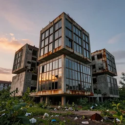 brutalist architecture by Le Corbusier, abandoned buildings, empty streetscapes, surrounded by lush green vegetation, ground-level view, stunning volumetric lighting, sunset, rusted steel, solid concrete, glass, stunning skies, scattered rubbish and debris, 8k, photorealistic, hyper detailed, unreal engine 5, IMAX quality, cinematic, epic lighting, digital painting in the style of DOOM and Quake, by Greg Rutkowski, trending on Artstation