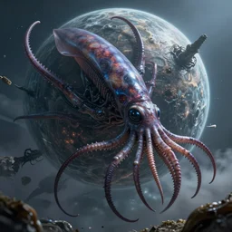 hyperdetailed photo of a highly visible and detailed giant alien squid destroying a unknown planet 8 k extremely detailed hd hyperrealism movie studio fx creepy