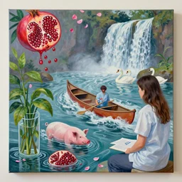pathology student in her apartment, a river flooding inside, medical supplies, pigs, plants in glass vase, pork, water, river, rapids, canoe, pomegranate, berries dripping, waterfall, swans, pink flower petals, acrylic on canvas, surrealist, by magritte and monet