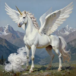 pooping winged unicorn, against the backdrop of the dagestan mountains symmetrical, concept art, intricate detail, volumetric shadows and lighting, realistic oil painting by alex grey