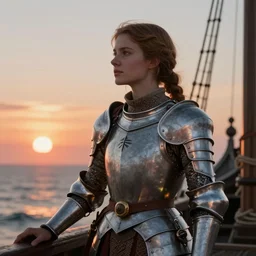 portrait of a medieval woman ship pilot on a ship on the sea, looking at sunset, wearing breastplate, hair in side part, digital art, bokah, artstation