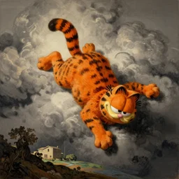 a painting by Gustave Doré of Garfield the orange cat falling from heaven after his banishment, cinematic lighting, dramatic lighting, realistic, woodcut