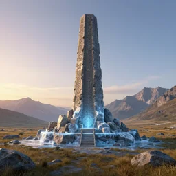 A beautiful hyper realistic detailed matte painting of the old rock magic altar of ice in a montane grassland landscape at sunrise with huge ancient tower carved with runes ans magic symbols stands in the centre of composition, by John Howe and Andreas Rocha and Martin Johnson Heade and Albert Bierstadt, unreal engine, trending on artstation, barometric projection, rectilinear