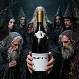 Petelgeuse Romanee-Conti holding the Gospel ecstatically with both hands in front of an entourage of Witch cultists bowing their heads towards their master