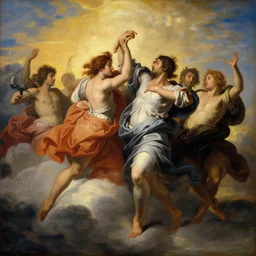 beautiful oil matte portrait painting, people dancing among the clouds, flying in the sky, wonderful masterpiece highly detailed, beautiful cinematic light deep focus, elegant, digital painting, smooth, sharp focus, golden ratio, dramatic illumination, ultra realistic, 8 k, art by giovanni bellini and caravaggio