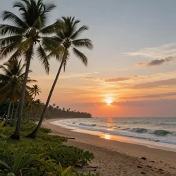 Sri Lankan landscape of a beach, coconut trees in the foreground, beautiful sunset, hyper realistic, concept artwork by Thomas Cole and Tim Hildebrandt