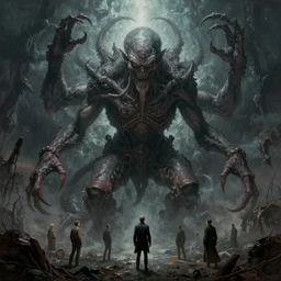 inconceivable otherworldly massive cthulu god rising from a grim obsidian landscape, 8 k very detailed matte painting by donato giancola, john berkey, edvard munch, thomas cole, thomas moran. elder god lovecraft mythology trypophobia