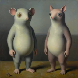 a couple of strange looking animals standing next to each other, a surrealist painting by peter gric, cgsociety, pop surrealism, biomorphic, surrealist, dystopian art