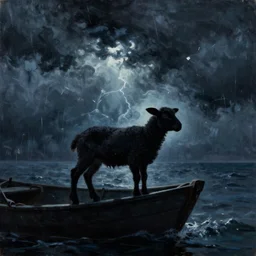 silhouette of a lamb on a boat, stormy weather, extremely detailed masterpiece, oil on canvas, low-key neon lighting, artstation, Blade Runner 2049, Roger Deakin’s cinematography, by J. C. Leyendecker and Peter Paul Rubens,