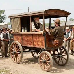 the famous snake oil salesman Uncle Aloysius opening up his wagon to a crowd of pink onlookers, painting by Grant Wood, 3D rendering by Beeple, sketch by R. Crumb