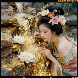 Kodak Portra 400, 8K, soft light, volumetric lighting, highly detailed, Rena Nounen style 3/4 ,portrait photo of a Japanese ravishing Goddess by WLOP, the face emerges from a lava flowing gold travertine terraces with lotus flowers, inspired by Ophelia paint , a beautiful chic dress and hair are intricate with highly detailed realistic beautiful flowers , Realistic, Refined, Highly Detailed, ethereal lighting colors scheme, outdoor fine art photography, Hyper realistic, photo realistic