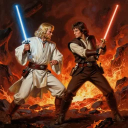 Obi Wan Kenobi fighting Anakin Skywalker, lava in the background, painted by Sargent, painted by Thomas Kinkade, Star Wars, 8k, high detail