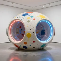 a massive generative design structured ceramic futuristic pod with paint splatters all over it, neon lighting, art installation, white wall gallery, reflective floor