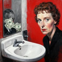 high quality painting featuring agatha christie face and a disgraced oil and gas ceo, a large public bathroom sink in the background, mystery of the giant sink, money in background, by greg rutkowski, red, black and white colour scheme, textured grunge aesthetic