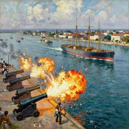 british ships fire cannon at port of Lagos, from above, 1905, brightly coloured oil on canvas, by ilya repin