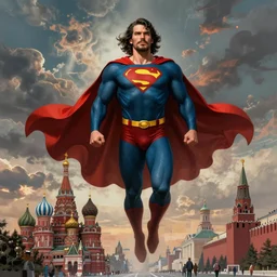 stalin as superman, in the style of the red son, floating over the red square ( moscow ), socialist realism, soviet nostalgia, ultrarealistic, hyperdetailed, intricate digital art, trending artstation, rich moody colors, fan art, concept art, epic comic book style, by robert kirkman