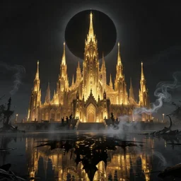 the golden spires of the carcosa palace are illuminated by huge black sun, and the lake is reflecting the shadow of yhtill's remnants curled gunsmoke. 8 k, bloodborne cg style, unreal engine 5