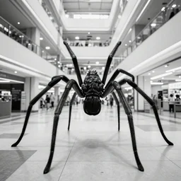 camera footage of a Gigantic spider in an abandoned shopping mall, high exposure, dark, monochrome, camera, grainy, CCTV, security camera footage, timestamp, zoomed in, fish-eye lens, spiders, spider, spider, spider,
