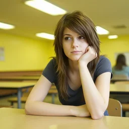photograph of an emo girl sitting in a cafeteria, 2006, yellow fluorescent lighting