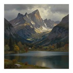 a beautiful painting of a serene landscape with a lake in the foreground and jagged mountains in the background